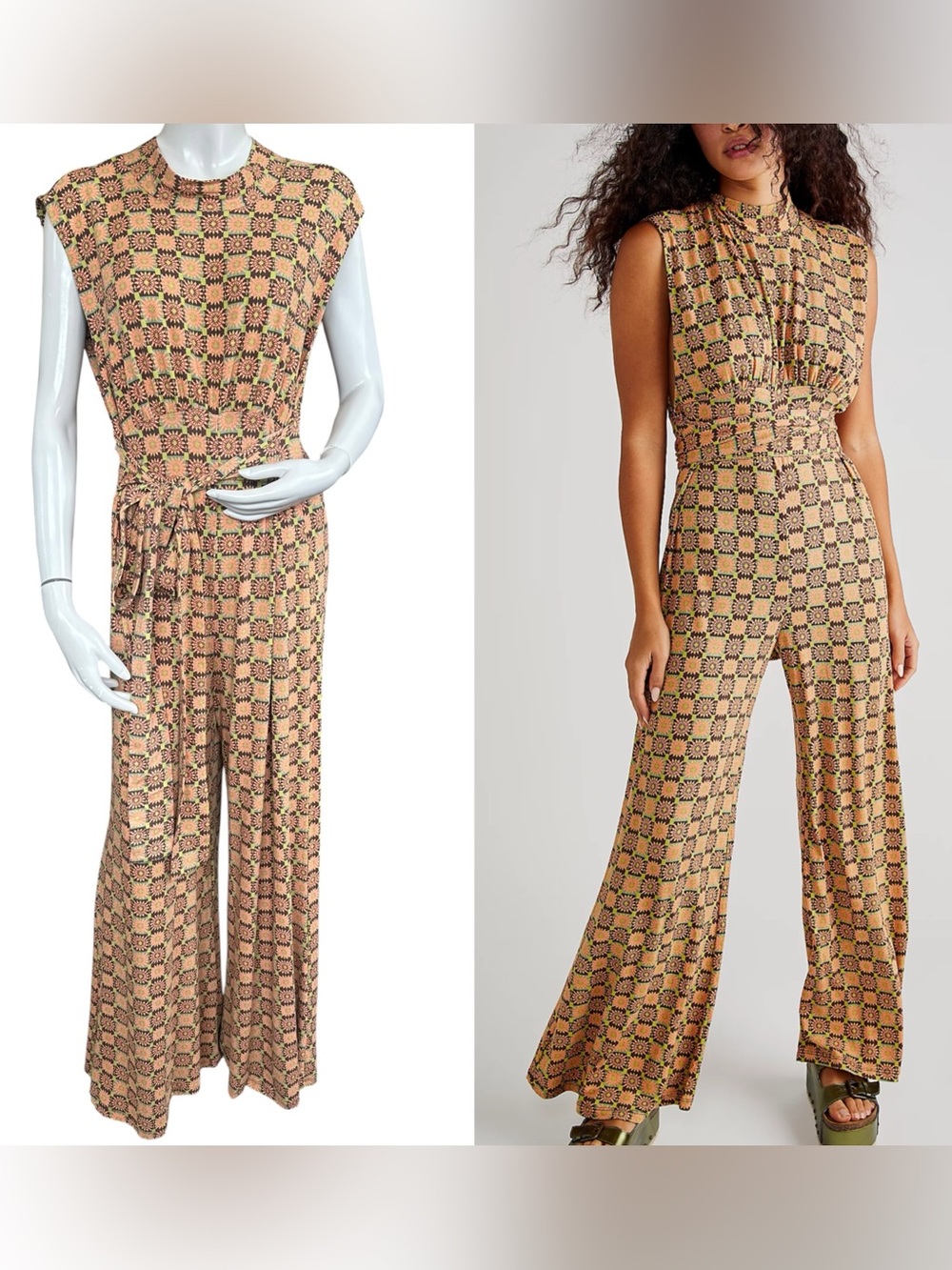 Free People Vibe Check High Neck Side Slit Open Back Floral Boho Jumpsuit Large